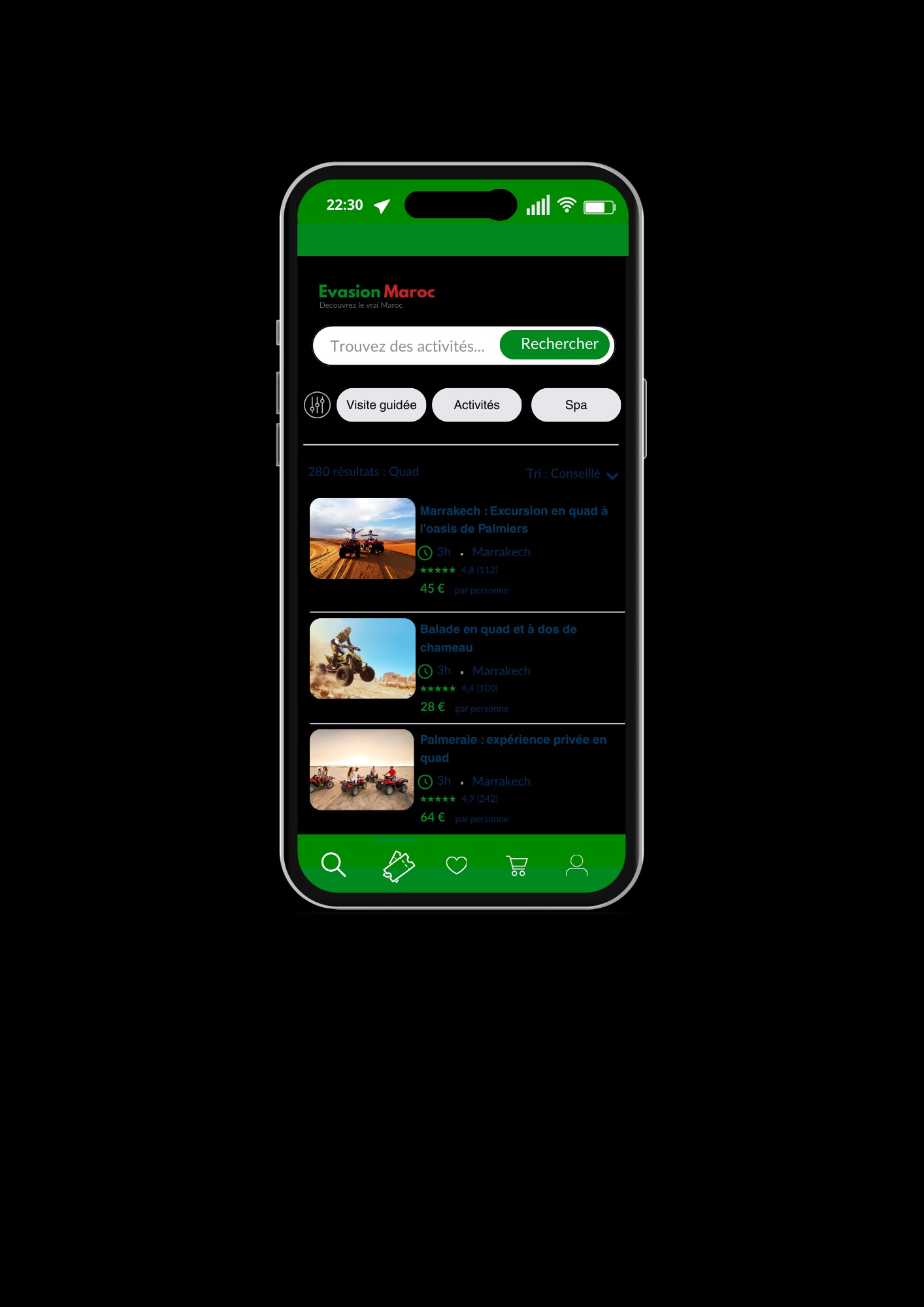 Interface mobile Evasion Maroc